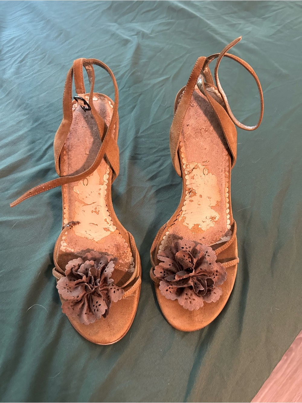 Women's Brown Suede Floral Ankle-Strap Sandals